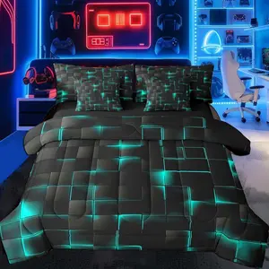 Teal Blue and Black Comforter Set with Sheets 7 Piece Kids Light Geometric Bed in a Bag Bedding Set Modern Style Bed Set with Comforter,Sheets,Pillowcases & Cushion Covers