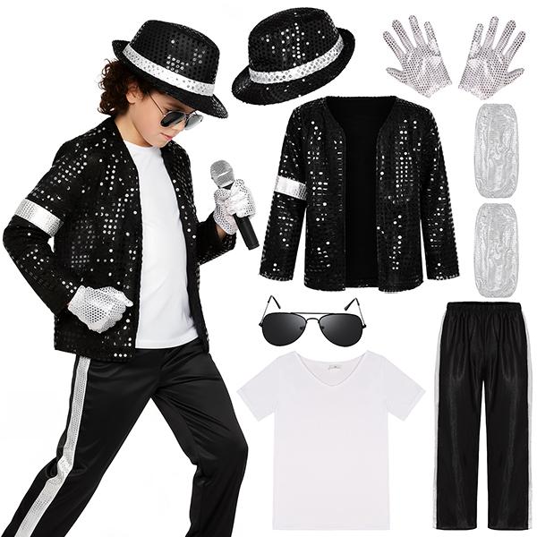Boys' 80s-90s Pop Dance Costume Full Set - Polyester Sequins Criss Cross Striped T-Shirt & Pants, Sunglasses Included, Costumes with Accessories for Halloween, Cosplay Gear, 4-5/13-14Y Halloween Aesthetic Outfit