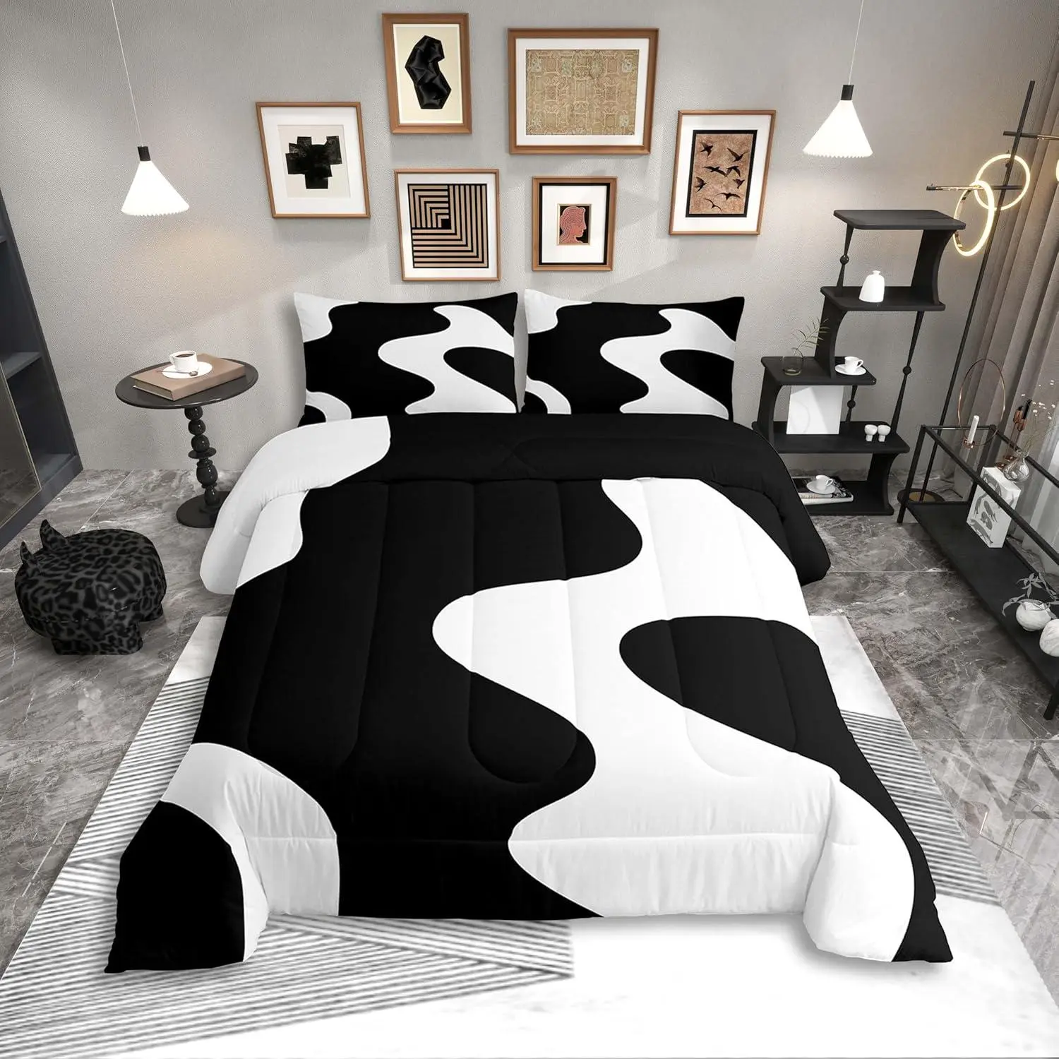 White and Black Abstract Bedding Set,for Adult Women Men Boho Geometric Striped Comforter Set,Minimalist Modern Art Quilt Duvet Set,Simple Aesthetic Modern Bed Collections