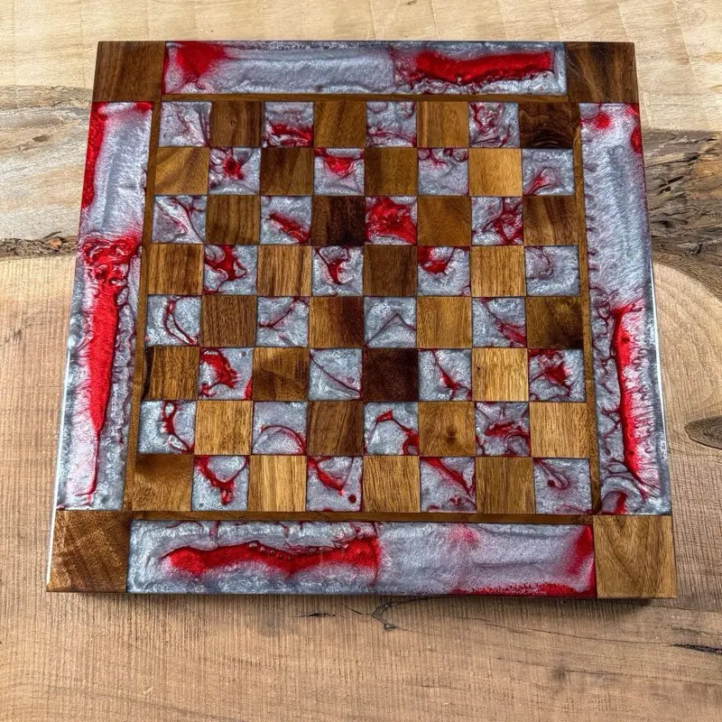 Silver Red Cloud Walnut Wood Chess Board (INCLUDES PIECES) Silver Red Cloud Walnut Wood Chess Board (INCLUDES PIECES)