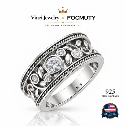 FOCMUTY 925 Sterling Silver Elegant Vintage Floral Design Women'S Ring, Minimalist Cross Cut-Out Style Wide Band, S925 Sterling Silver with Synthetic Zirconia Accents, Daily Wear Jewelry Accessories Gift for Mother's day Gift