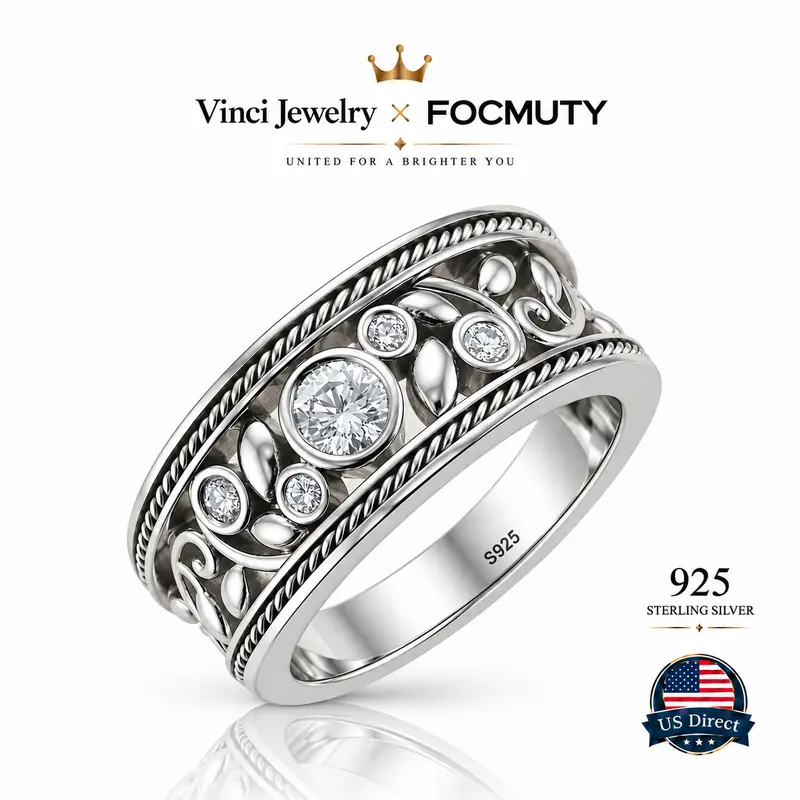 FOCMUTY 925 Sterling Silver Elegant Vintage Floral Design Women'S Ring, Minimalist Cross Cut-Out Style Wide Band, S925 Sterling Silver with Synthetic Zirconia Accents, Daily Wear Jewelry Accessories Gift for Mother's day Gift