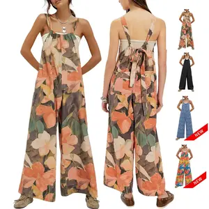 Yeokou Jumpsuit for Women Cotton Linen Wide Leg Adjustable Strap Floral Print Bohemian Overall One Piece with Pockets,summerwins,summeroutfits,vacationoutfits,bathingsuitwomenset,beachoutfits