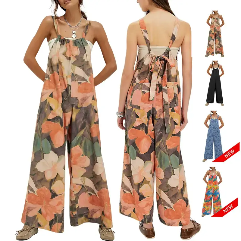 Yeokou Jumpsuit for Women Cotton Linen Wide Leg Adjustable Strap Floral Print Bohemian Overall One Piece with Pockets,summerwins