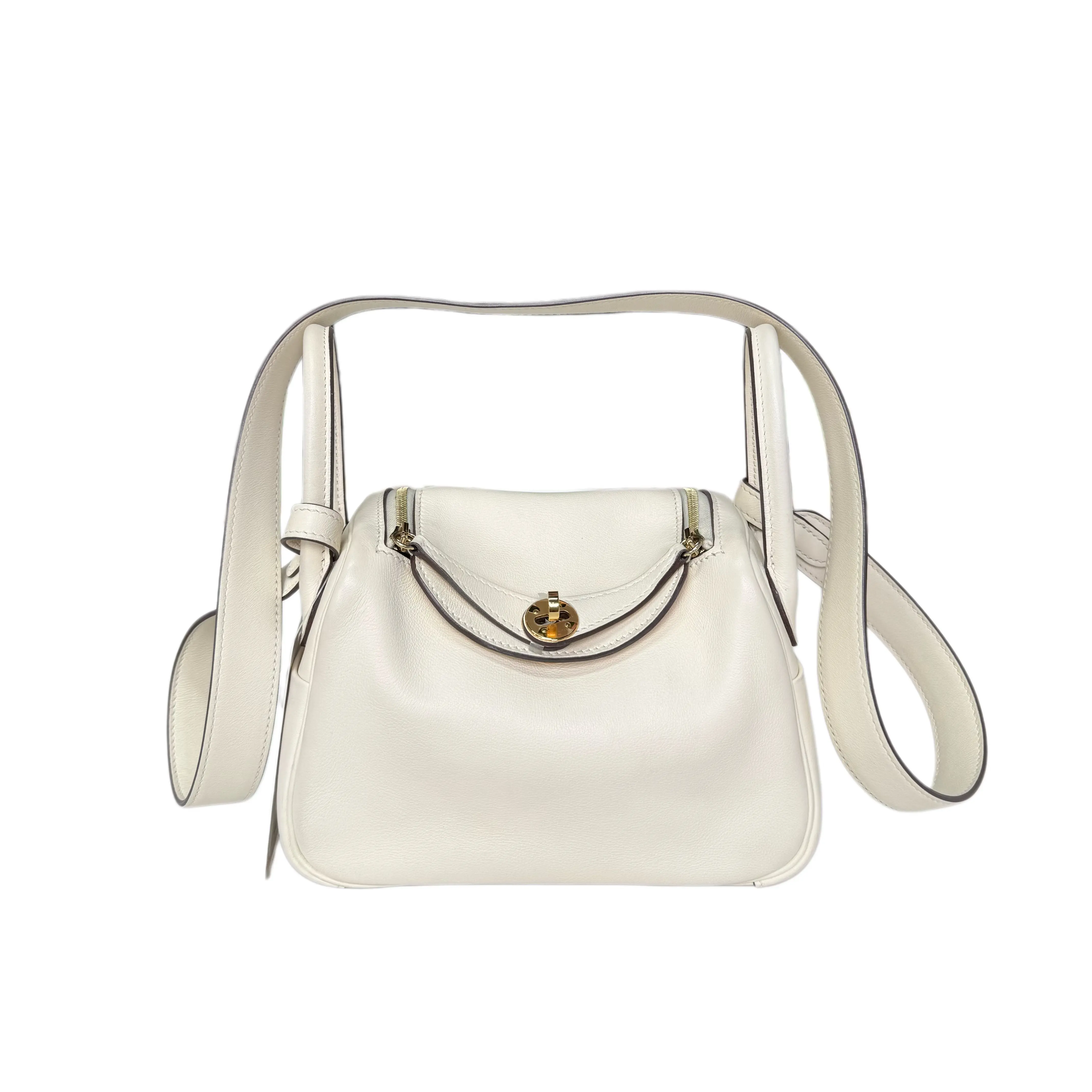 Pre-owned HERMÈS . Crossbody Bags Mini Lindy 19 White Swift Leather Gold Hardware Crossbody Bag