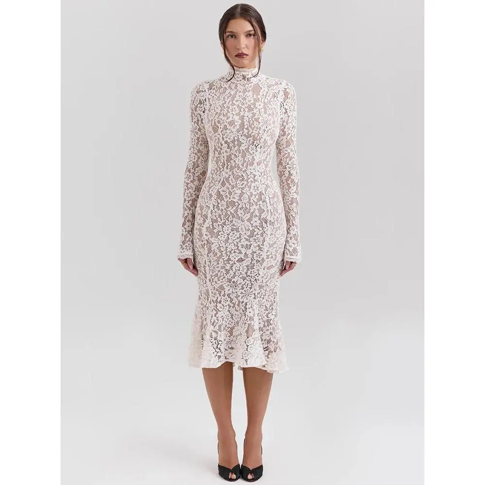 Lace Long Sleeve Sexy Midi Dress For Women Elegant White Half High Collar High Waist Bodycon Club Party Sexy Long Dress - TikTok Shop Lace Long Sleeve Sexy Midi Dress For Women Elegant White Half High Collar High Waist Bodycon Club Party Sexy Long Dress - TikTok Shop