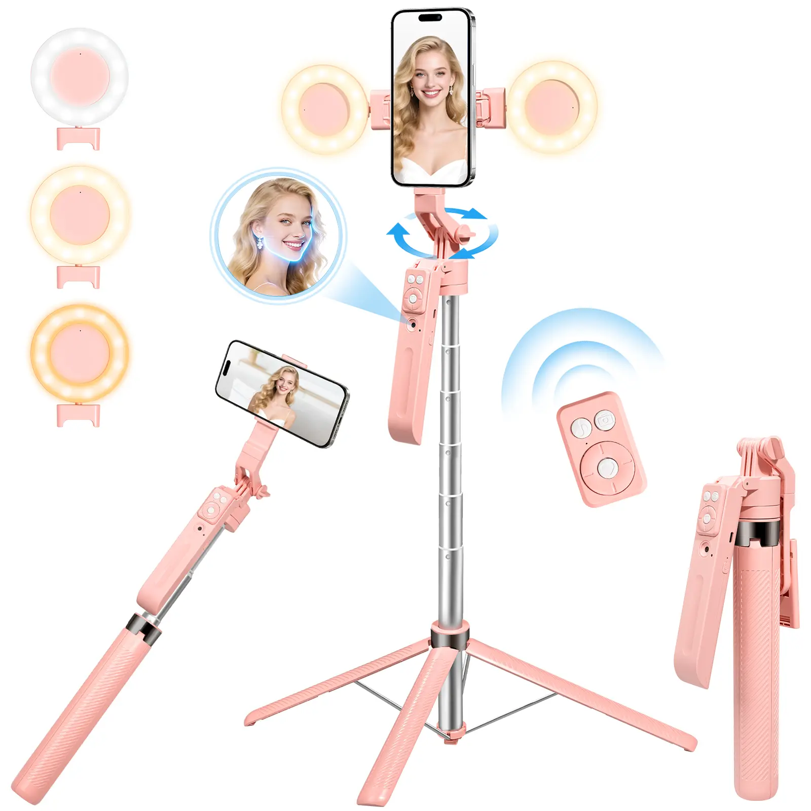 Auto Face Tracking Selfie Stick Tripod for iPhone with Light 360° Rotating Tripod Follows Your Movement Remote Control for Vlog Live Broadcasting Video Recording