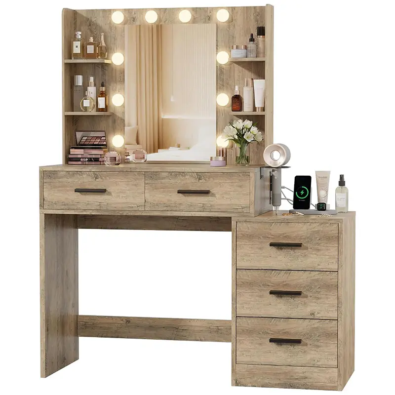 Furmax Makeup Vanity Desk with Mirror & Power Outlet, 2-in-1 Vanity Table with Nightstands, Large Storage Drawers & Hair Dryer Holder, Makeup Dressing Desk with 3 Color Light Options for Bedroom,Dorm,Dressing Room,Gift fot Girlfriend,Sister,Daughter