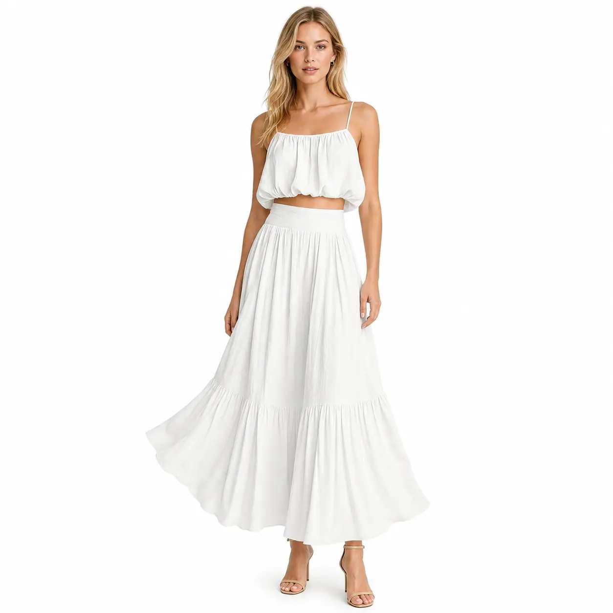 Women's 2-Piece Polyester Chic Solid Color Crop Top & High Waist Maxi Skirt Set - Square Neck, Sleeveless, Comfortable Vacation & Party Wear (Matching Accessories Compatible)