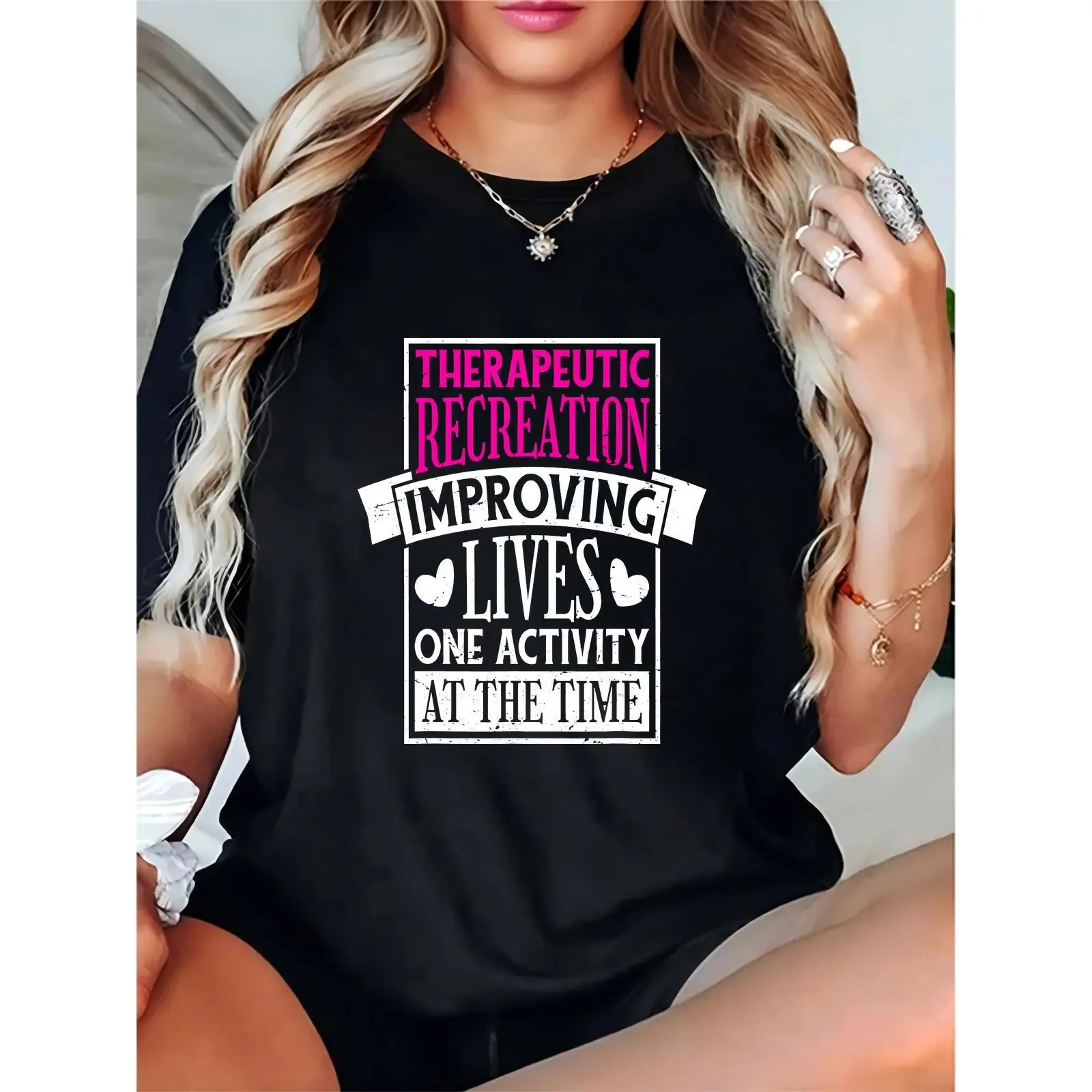 Women's Black Graphic T - Shirt with "Therapeutic Recreation Improving Lives One Activity At The Time" & Heart Accents | Casual Daily Wear for Women, Ideal for Therapeutic Recreation Professionals, Work, or Casual Outings