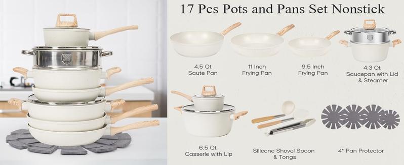 SODAY 17/12 Pcs Pots and Pans Set Non Stick, Kitchen Cookware Sets White Granite Nonstick Cooking Set with Frying Pans, Saucepans, Steamer,Nonstick Pots with Glass Lid (NO PFOS, PFOA),Kitchenware,stock up on specials,New Year Sale, gifts