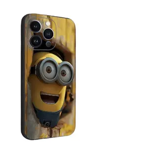 Cute Minions cartoon liquid metal phone case, compatible with iPhone 17, 16, 15, 14, 13, and 12, made of black soft silicone.