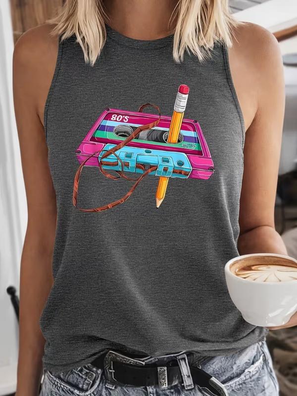 Women's 80s Vintage Cassette Tape Pencil Graphic Sleeveless Racerback Tank Top - Soft Denim-Polyester-Elastane Fabric, Sexy Cute Street Style, Lightweight Casual, Vivid Print, Easy-Matching Holiday Top