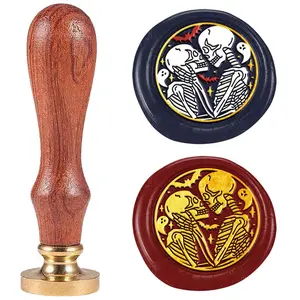 Two  Wax Seal  -  Skull Sealing , 1" Removable Brass  with Wooden Handle for Envelope, Greeting Cards, Letters, Halloween Invitations, Bottle  Wrapping