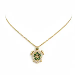 14K Gold Sea Turtle Pendant Necklace with Green Stones – Elegant Animal Jewelry
