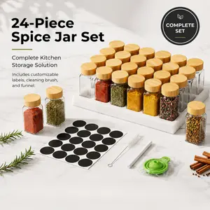 24-Piece Glass Spice Jar Set with Bamboo Lids, Kitchen Seasoning Storage Containers with Labels, Funnel & Cleaning Brush