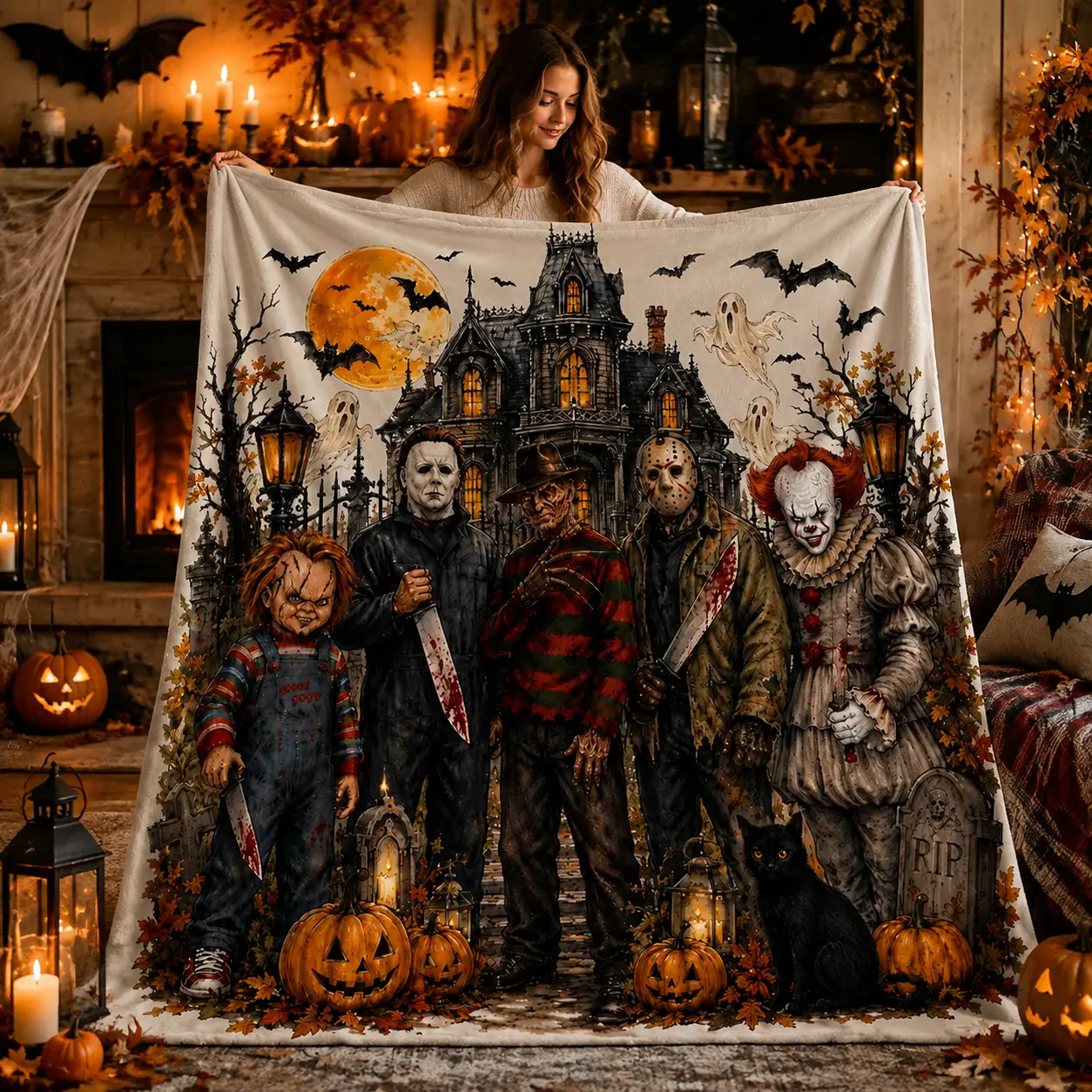 Horror Movie Night Fleece Throw Blanket - Halloween Haunted House Themed Cozy Gift for Spooky Fans