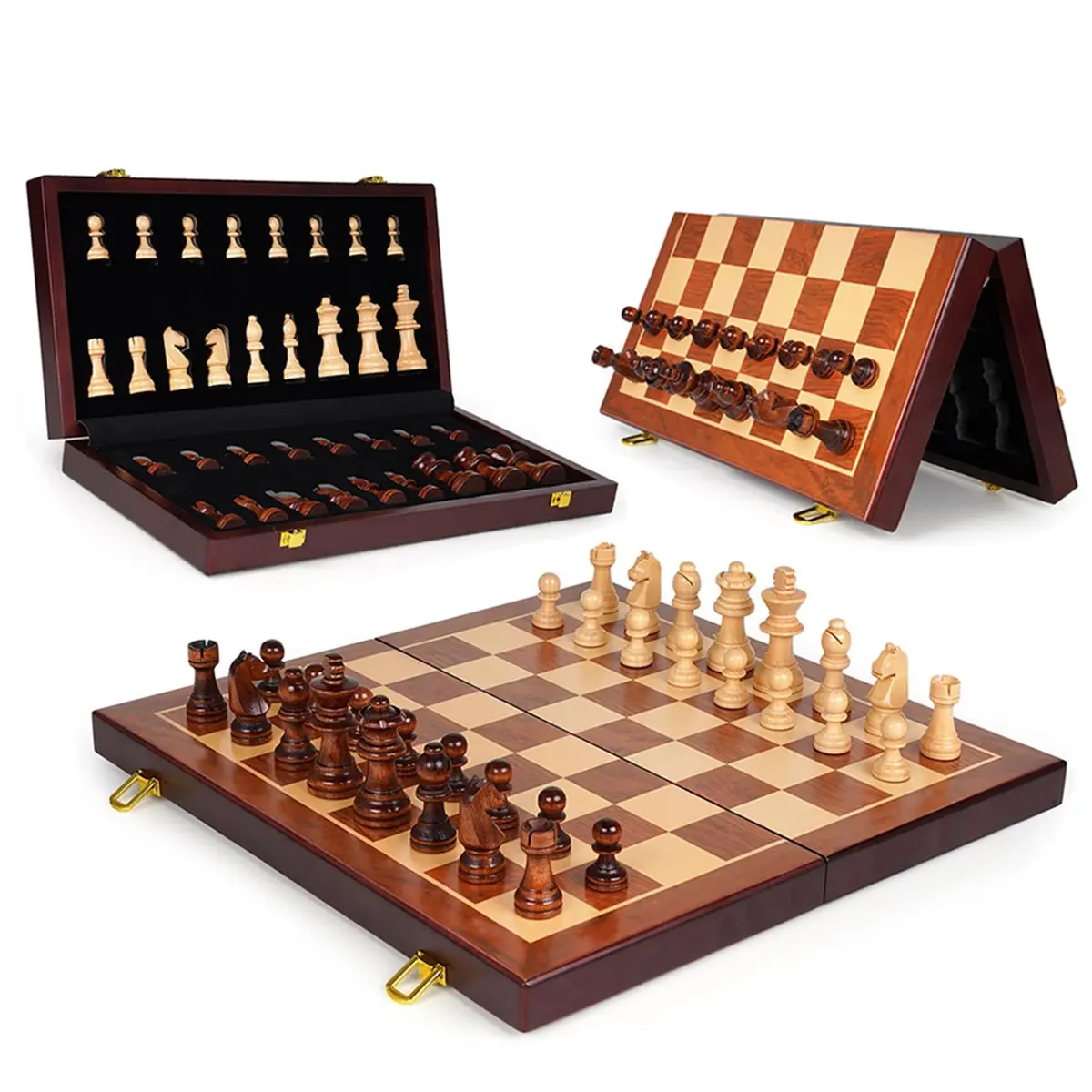1 PC Wooden Chess Set, 15" Foldable Chess Board, 2 Extra Queens, Travel Chess Set with Storage Slots, Ideal for Beginners, Portable Chess Game, Tabletop Chess Board