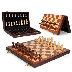 1 PC Wooden Chess Set, 15" Foldable Chess Board, 2 Extra Queens, Travel Chess Set with Storage Slots, Ideal for Beginners