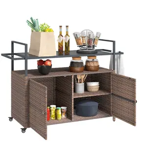 Outsunny PE Rattan Outdoor Storage Cabinet, Wicker Outdoor Bar Table Kitchen Island with Wheels & 2-Tier Shelf, Patio Serving Cart with Glass Top, Handles, Towel Racks for Poolside