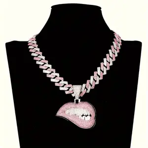 Hip Hop Shiny Lip Pendant With Ice Cuban Chain Miami Necklace Men's And Women's Hip Hop Pendant Necklace lobster clasp erika pendant（gift）