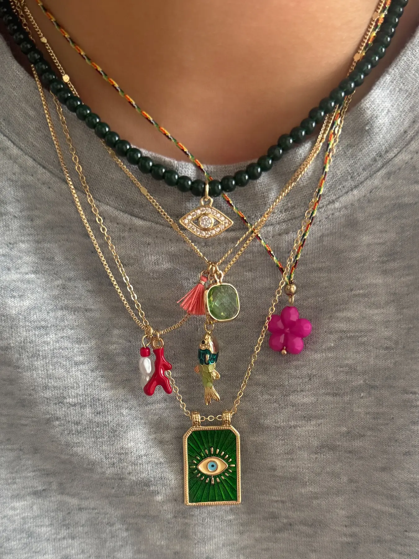 Women's Boho Evil Eye Flower Small Fish Pendant Necklace Set, 5 Pieces, Daily Dating Party Layered Wear, Dainty Decorative Necklace, Boho Style Necklace, Boho Style Jewelry