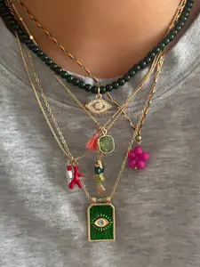 Boho Style Devil Eye Flower Small Fish Pendant Necklace Set, 5 Pieces, Perfect for Women Daily Dating Party Layered Wear, Dainty Boho Necklace