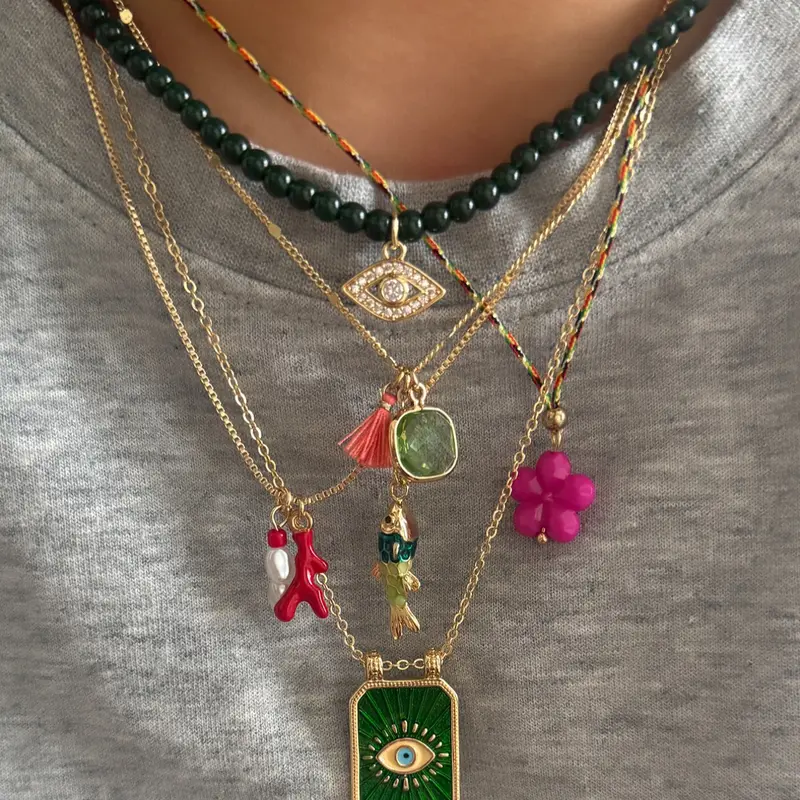 Women's Boho Evil Eye Flower Small Fish Pendant Necklace Set, 5 Pieces, Daily Dating Party Layered Wear, Dainty Decorative Necklace, Boho Style Necklace, Boho Style Jewelry