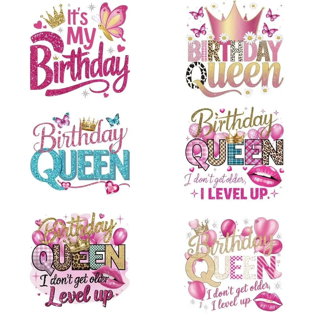Birthday Queen Style Iron-on Patches, 6 Counts/set Sparkly Vinyl Heat Transfer Stickers for DIY T-shirts, Washable & Reusable, DIY Material, Craft Supplies