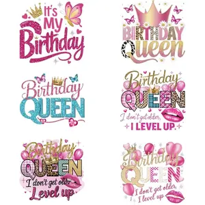 Birthday Queen Style Iron-on Patches, 6 Counts/set Sparkly Vinyl Heat Transfer Stickers for DIY T-shirts, Washable & Reusable, DIY Material