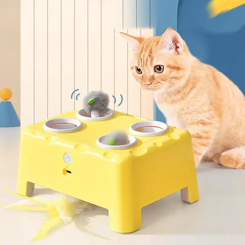 2-in-1 Interactive Cat Toy - Automatic Electric Colorful Feather & 4-Hole Mole Toy for Bored Indoor Cats, Random Movement, Auto-Pause, USB Rechargeable, Smooth ABS Material, 3 Modes, Stable 4-Corner Base, Cheese House, Interchangeable Accessories