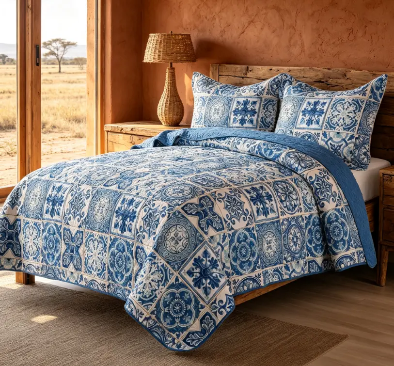 Blue Moroccan Pattern Quilt King Size, Soft Reversible Quilted Bedspread Set with 2 Pillow Shams, Lightweight All Season Bedding Coverlet