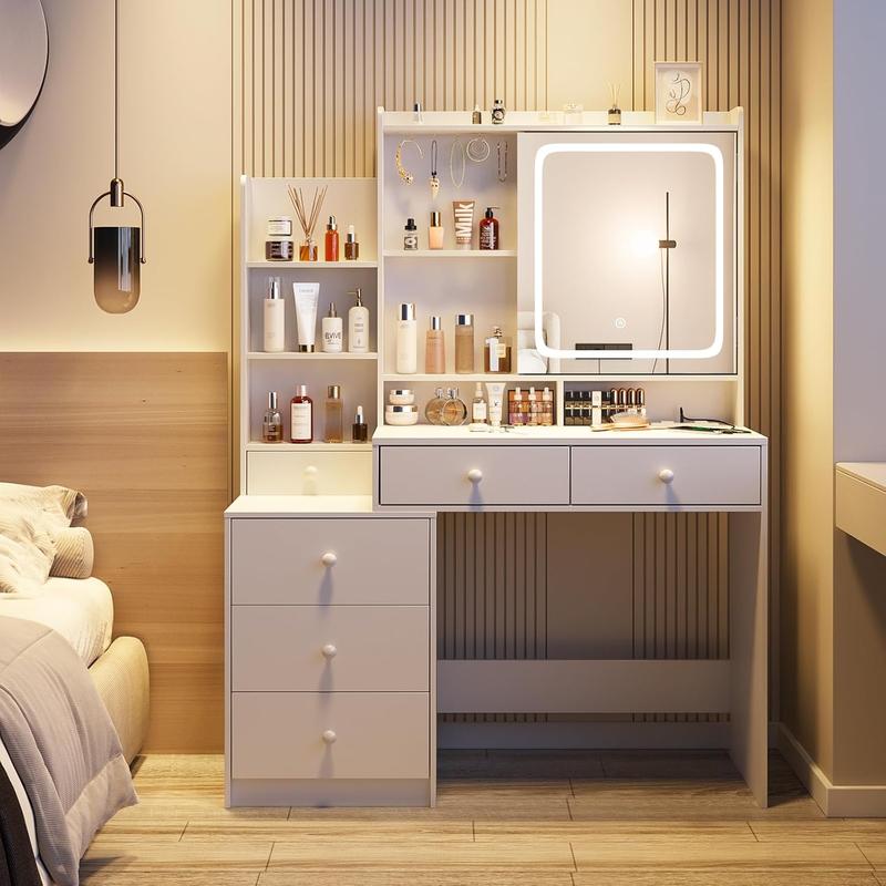 Vabches Vanity Makeup Mirror Desk, Makeup Vanity with 6 Drawers and Shelves,Vanity Table with Power Strip,Vanity Mirror 3 Lighting Color Adjustable