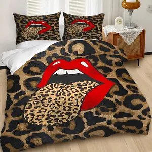 2/3Pcs Leopard Print Duvet Cover Set, Glamorous Red Lips Design Bedding Set, Chic Modern Home Decor, Soft and Cozy Microfiber Material, Perfect for Trendy Living Room and Bedroom Styling, Includes 1 or 2 Pillowcase - No Filling/Zipper Closure