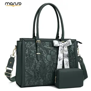 MOSISO 15.6-17.3 inch Laptop Tote Bag for Women, PU Leather Waterproof Work Bag with 3 Compartments, Padded Laptop Section, With Clutch Purse & Silk Scarf, Fits MacBook/Dell/HP, Ideal for Office/Business/Travel, Retro Hibiscus Pattern
