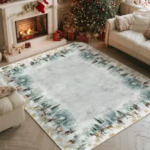Deer Snowflakes Pine Tree Christmas Area Rug, Xmas Winter Home Decor Low-Washable Area Rugs for Entryway Bedroom Living Room Laundry Room Indoor 5x7 Feet