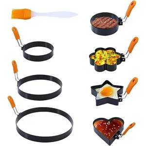 8pcs Rings Set - Stainless Steel Non-Stick Omelette Pancake Molds with Folding Handles, Brush, 3 Round 4 Fun Shaped Molds (Heart, Flower, Garden) Cooking