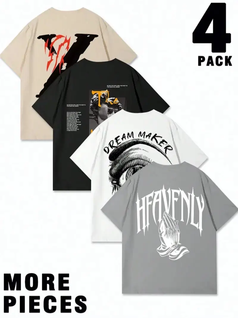 Men's 4-Pack Graphic T-Shirt Set, Shortsleeve Round Neck Casual Fit Streetwear Tops with Folded Hands Print, Lightweight Loose-Fitting Baggy Outdoors Menswear T-Shirts, Fashion