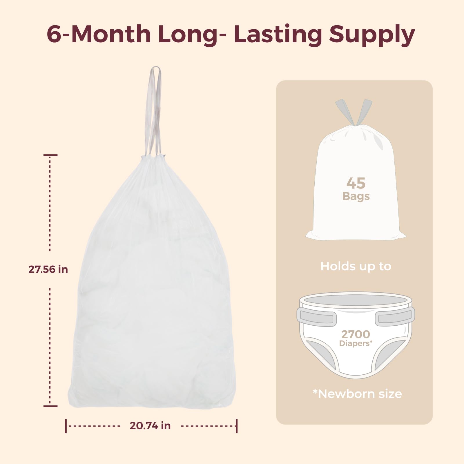 Momcozy 13 Gallon Drawstring Diaper Pail Bags, 45 Count Trash Bag Refills, 3 Rolls x 15 Bags, Compatible with Momcozy Diaper Pail, Ultra-Thick Disposable Diaper Disposal Bags for Nursery