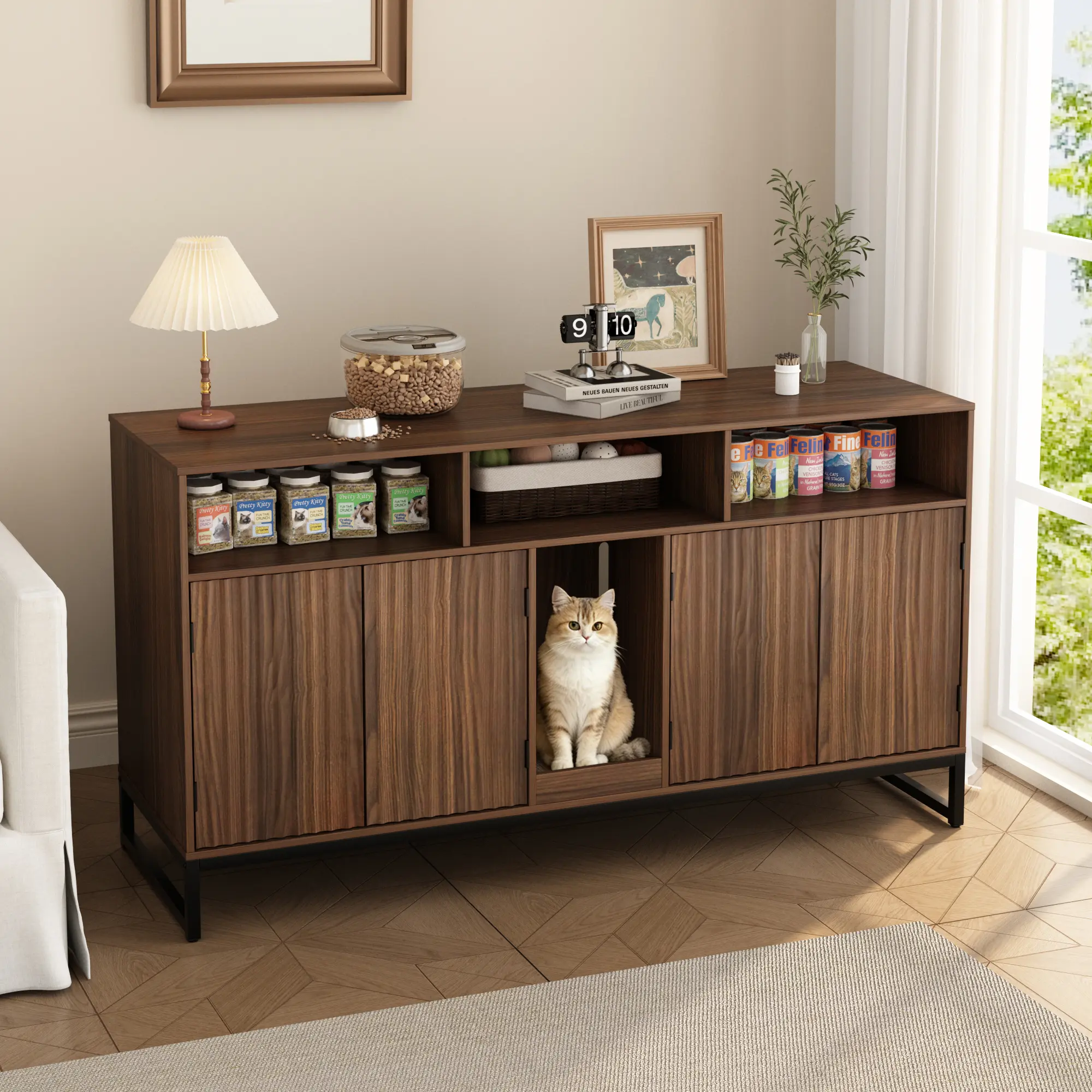 PieDle Cat Litter Box Enclosure, Large Hidden Pet Storage Cabinet Furniture with Waveform Fluted Doors & Scratching Pad, Modern Wooden Cat House Indoor for Washroom, Living Room, Bedroom