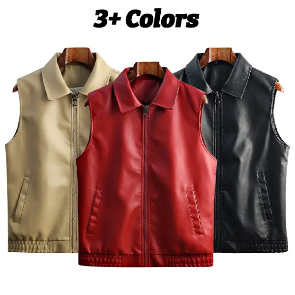 Unisex vest with a standard cut and notched lapel, crafted from smooth matte leather with discreet side pockets that balance minimalist aesthetics; suitable for autumn/winter light business layering outfits, available in three or more color options.