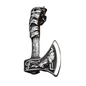 GTHIC Stainless Steel Viking Celtic Wolf Axe Pendant Gifts for Men Women