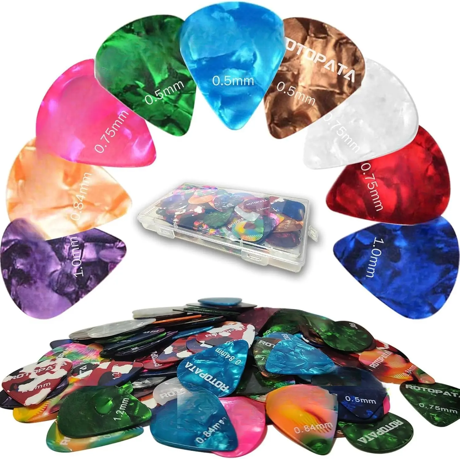 150 Pack Guitar Picks with Organizer Storage Box, 0.5 0.75 0.84 1.0 1.2mm Includes Thin Medium Heavy Thickness, Variety Colorful Celluloid Plectrums for Bass Electric Acoustic Guitars Ukulele