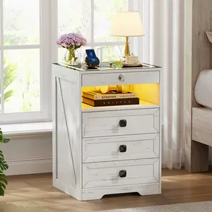 Lvifur LED Nightstand with 3 Drawers, Glass Top Bedside Table with Wireless Charging Station, Modern Night Stand with Auto Sensor, Bedroom Smart End Table