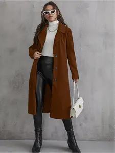A lady's solid-color collar-buttoned long-sleeved woolen coat, Casual Jackets, Outerwear, elegant for autumn and winter outfits.