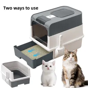 Enclosed Cat Litter Box with Lid & Drawer Design for Indoor All Lifestyles Cats,Cat Litter Box, Anti-Leakag, Drawer and Flip Door, Easy to Clean and Wash,Extra Large Enclosed Cat Box with Litter Scoop (Black, Gray)