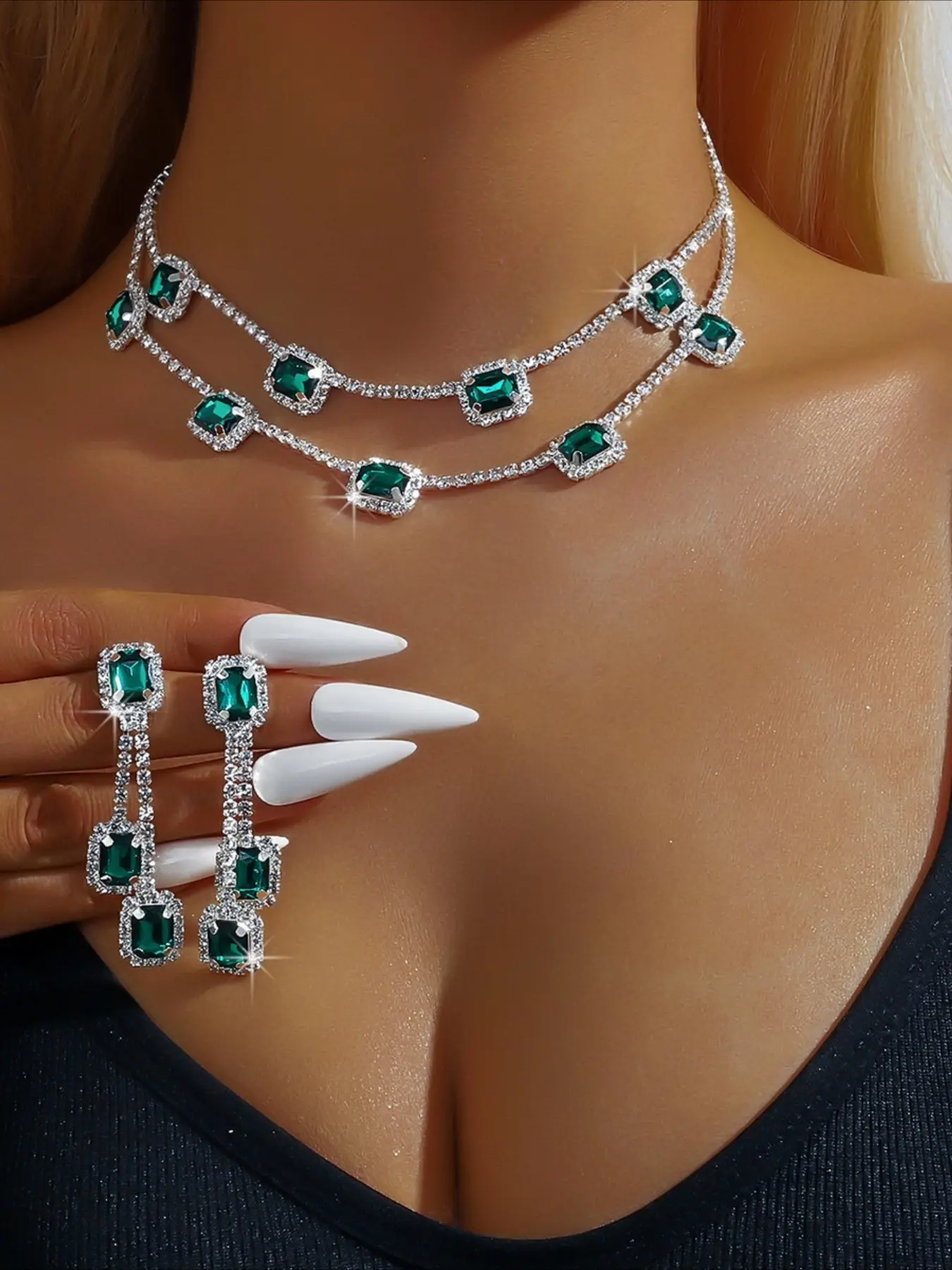 New Green Emerald Tassel Earrings Wedding Two-Piece Jewelry Set, Wedding, Valentine's Day Gift, Jewellery Gift Set