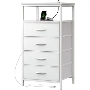 Night Stand with  Station, Multiple Drawer Dresser for Bedroom, Bedside Table, Tall Nightstand with PU Leather Finish, Open Shelf, End Table, for Closet, Entryway, Bedroom, White