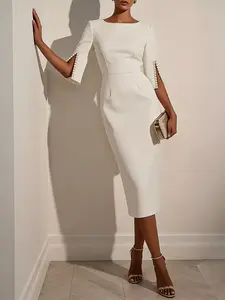 A women's camel-colored, mid-sleeve, boat-neck, figure-hugging, mid-length, slit-spliced pearl-decorated Midi dress, suitable for summer, suitable for formal occasions such as evening parties, business banquets, or weddings.