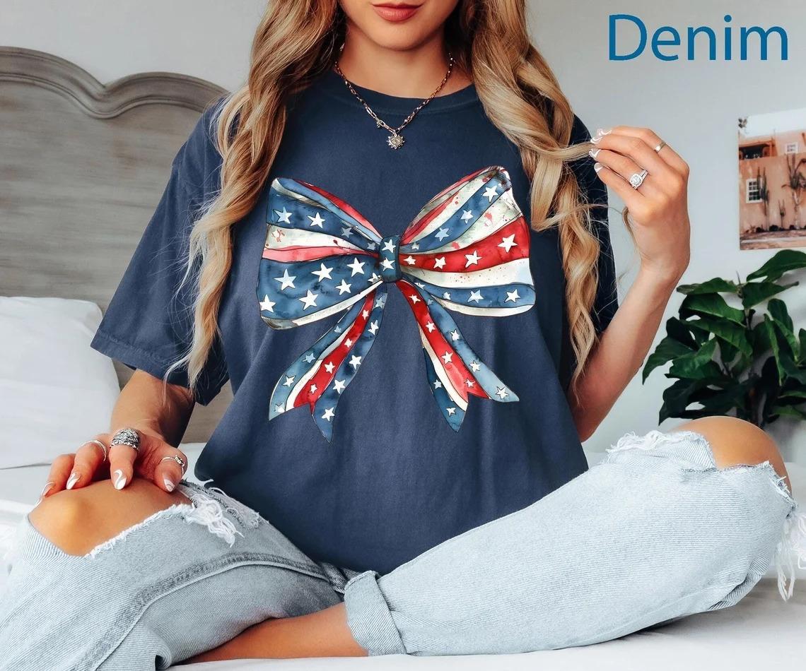 Comfort Colors Coquette Bow American Girl Shirt, 4th Of July Bow Tshirt, USA Tee, Patriotic Shirt, 4th Of July, Fourth Of July Tee, Freedom